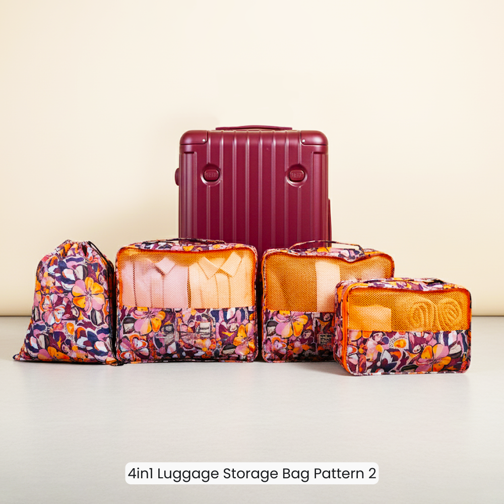 4-Piece Travel Packing Cubes Set, Luggage Organizer Bags with Mesh Top, Lightweight Clothes Storage Pouches, Orange Floral Pattern