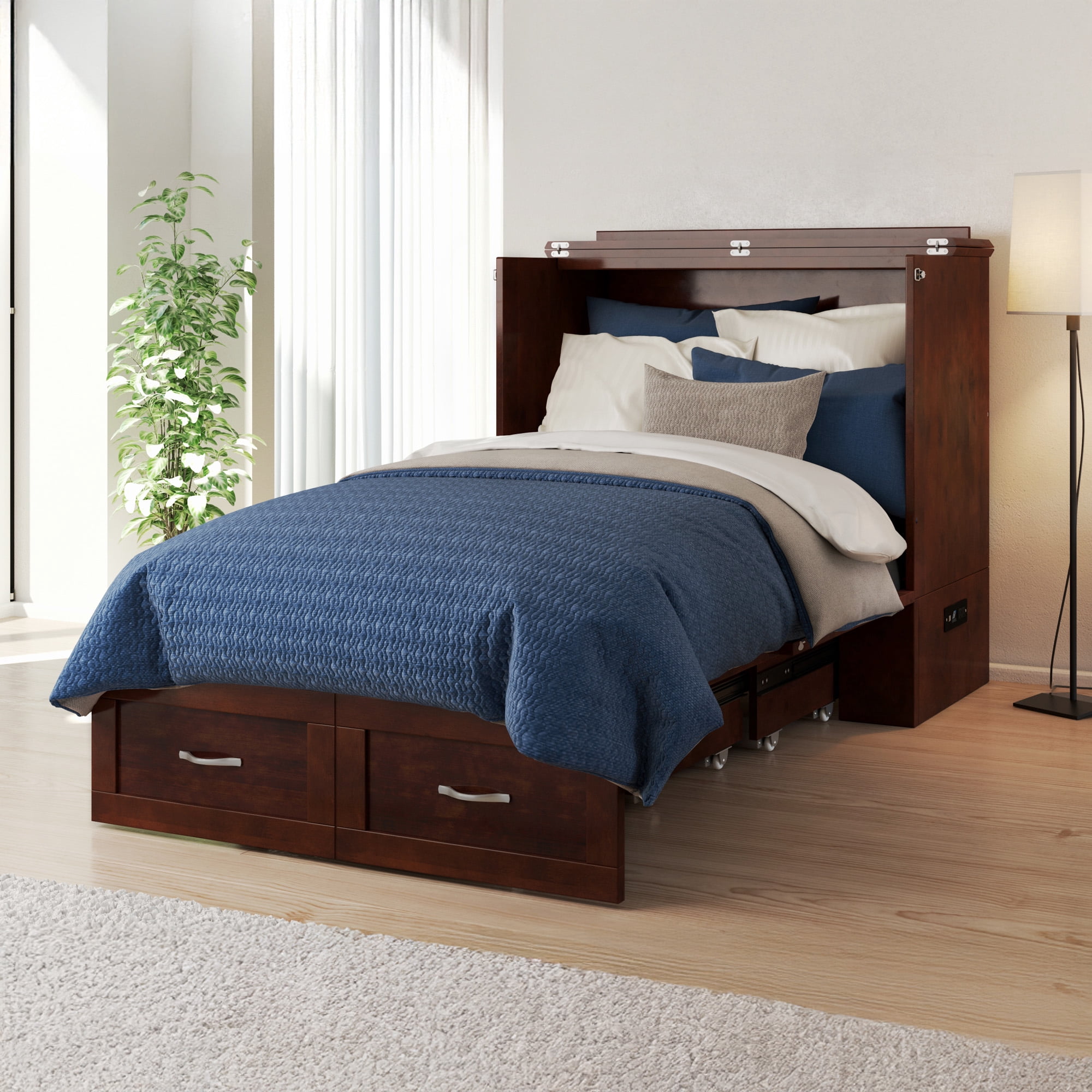 AFI Hamilton Twin-XL Wood Murphy Bed Chest with 6" Mattress, Drawer & Charger, Walnut