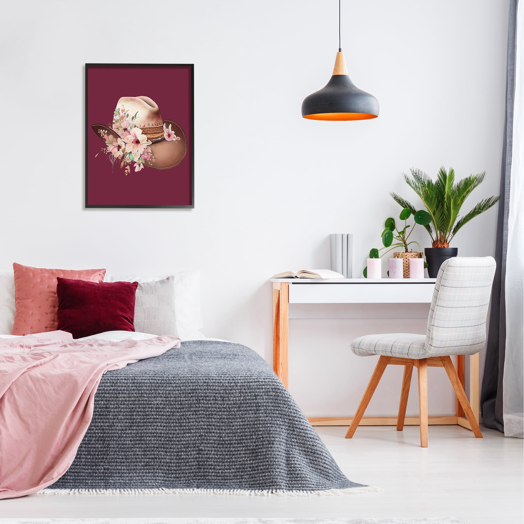 Stupell Industries Cowgirl Hat on Burgundy Botanical & Floral Painting Black Framed Art Print Wall Art, 24 x 30