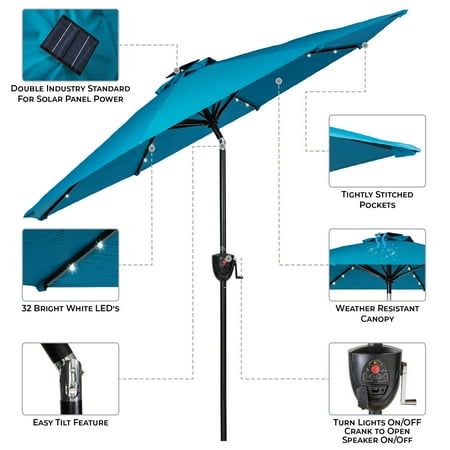 Sun Ray - 9' Round 8Rib Aluminum Bluetooth Solar Lighted Umbrella - Grey