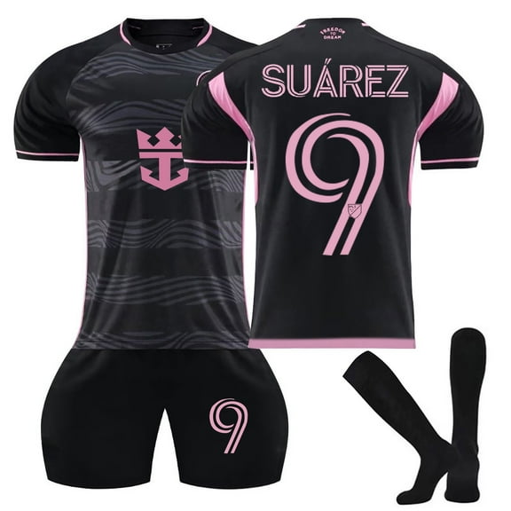 YiLe 2324 International Miami Away Game Soccer Jersey Three Piece Set, Sports Workout Superior Quality Short Sleeved Soccer Jersey, Exquisite Print #9 Suarez Black Soccer Jersey for Adult #9/M