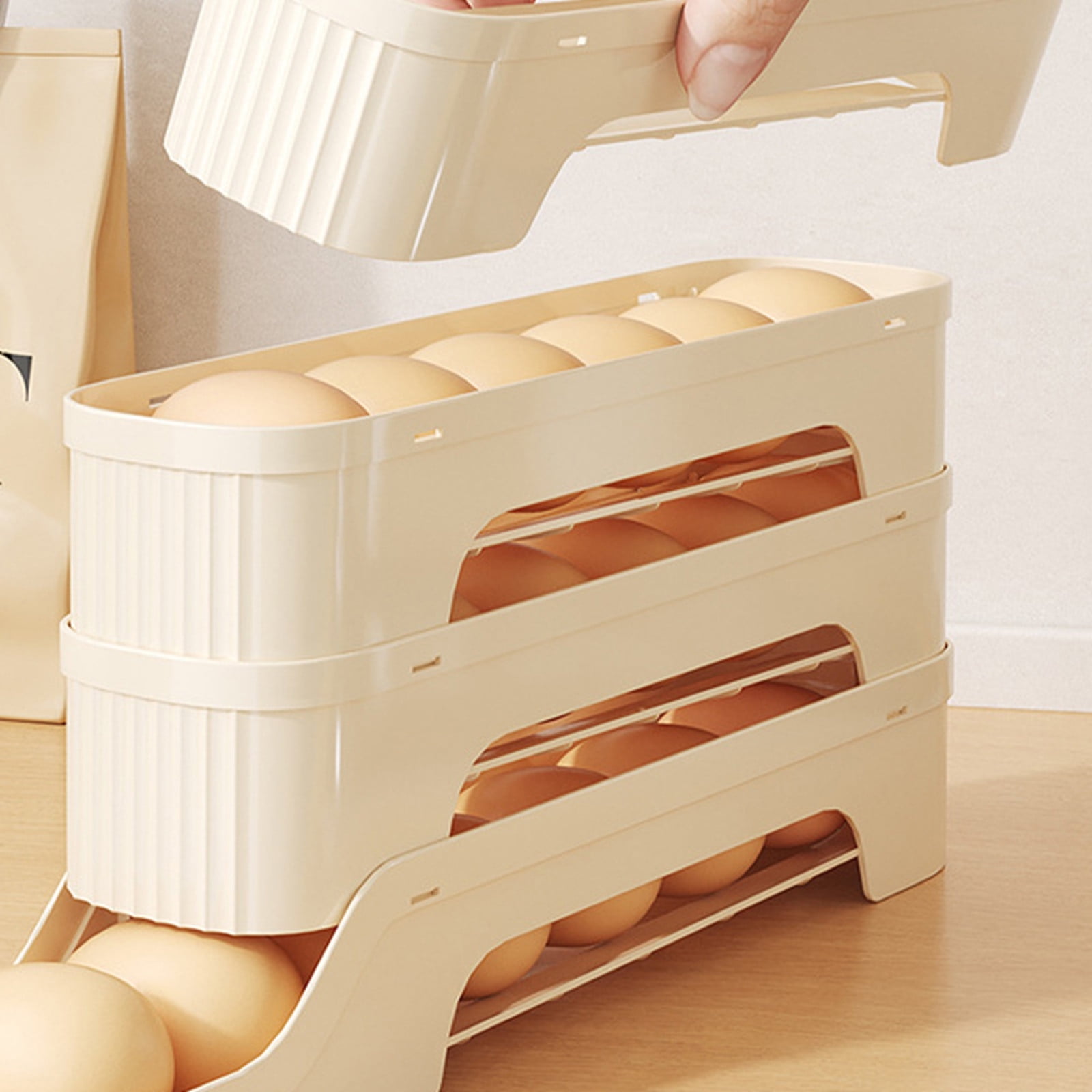 Large Capacity Automatic Rolling Refrigerator Egg Holder Organizer Stackable Sliding Food Grade Tray For Kitchen Fridge Storage