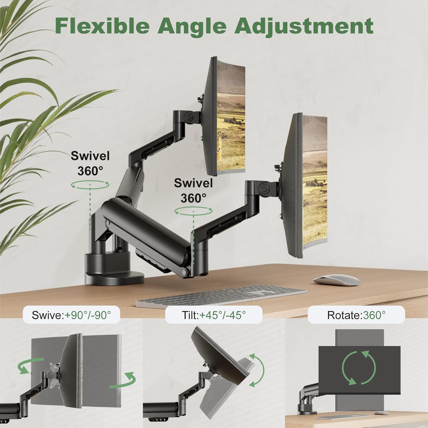 Dual Monitor Mount for Two Ultrawide Screens 13-34 Inch, Full Motion Gas Spring Arms with VESA 75/100mm, Desk Clamp & Grommet Base,  Management, Holds  to 26.4lbs Each