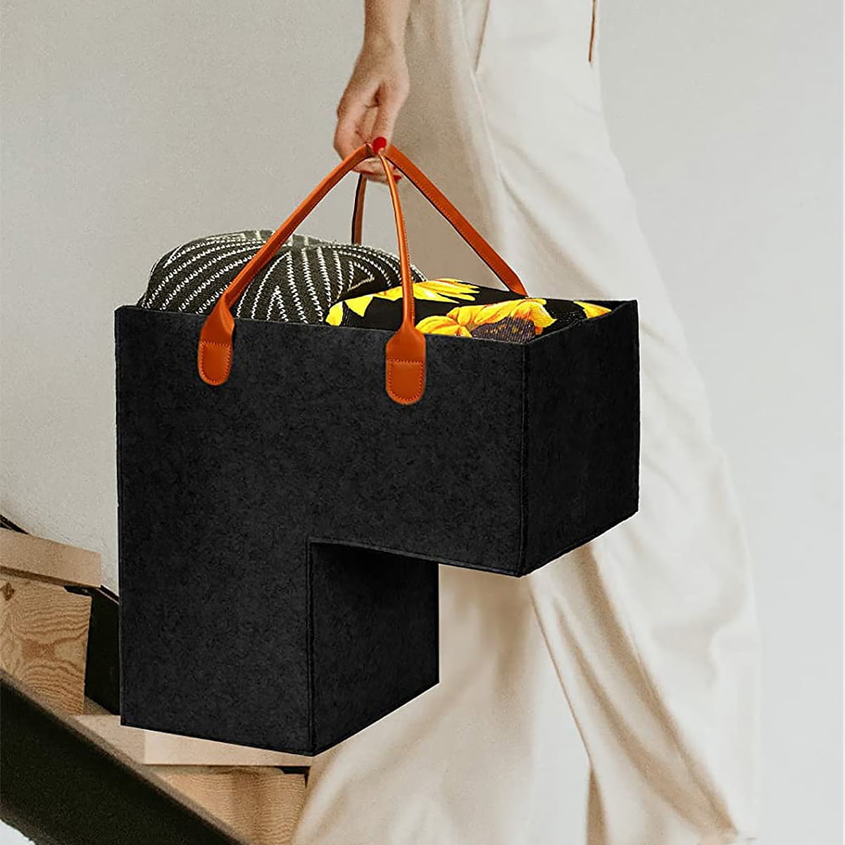 Stair Basket with Leather Handles Felt LShape Large Capacity Stair Step Bin Space Saving
