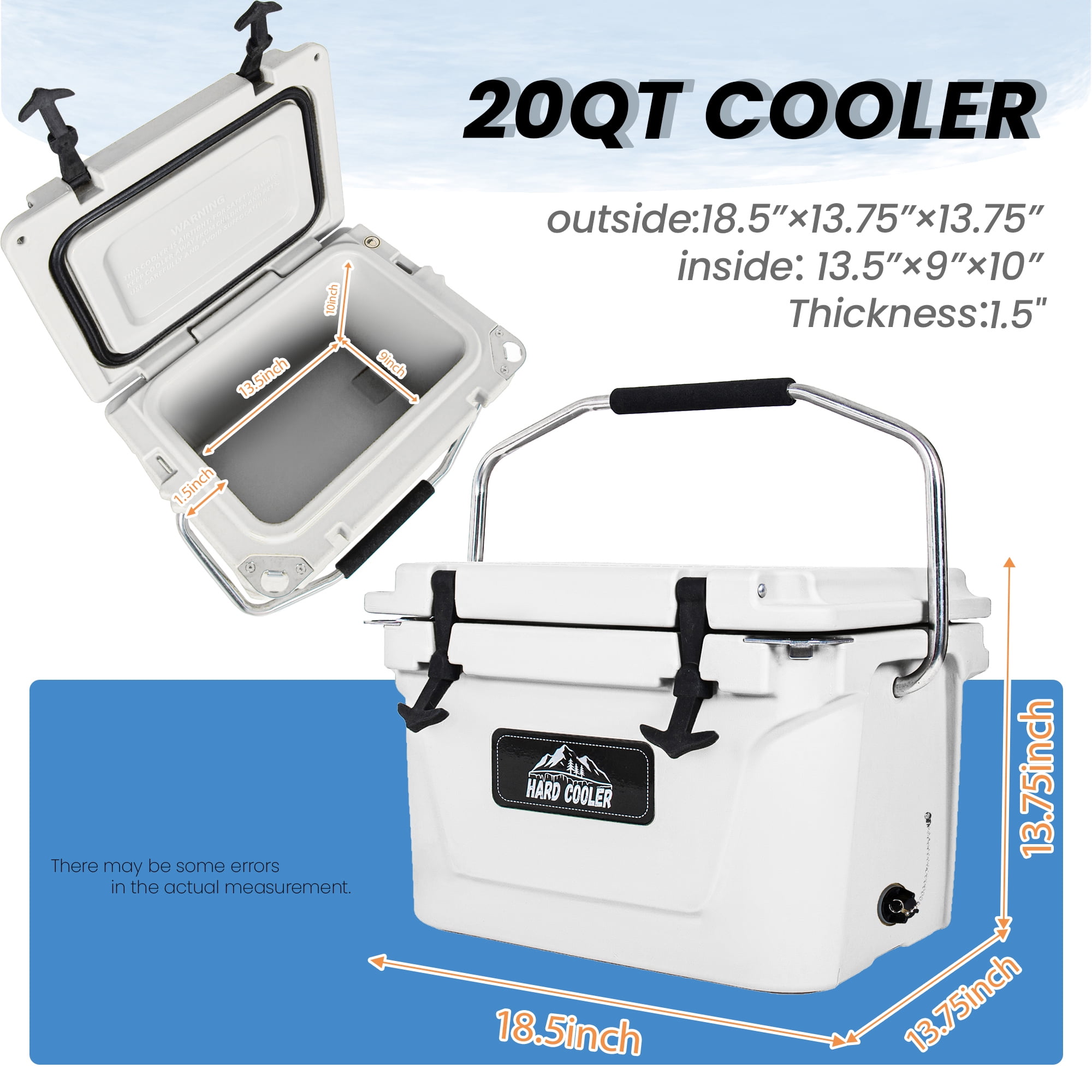 JXXRZ 20QT Hard Cooler Ice Chest, 5-Day Ice Retention, Heavy Duty Insulated Cooler for Camping, Work, Beach, White