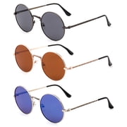 3 Pack Round Metal Frame Circle Rim Fashion Sunglasses for Women for Men, Gunmetal, Brown & Blue