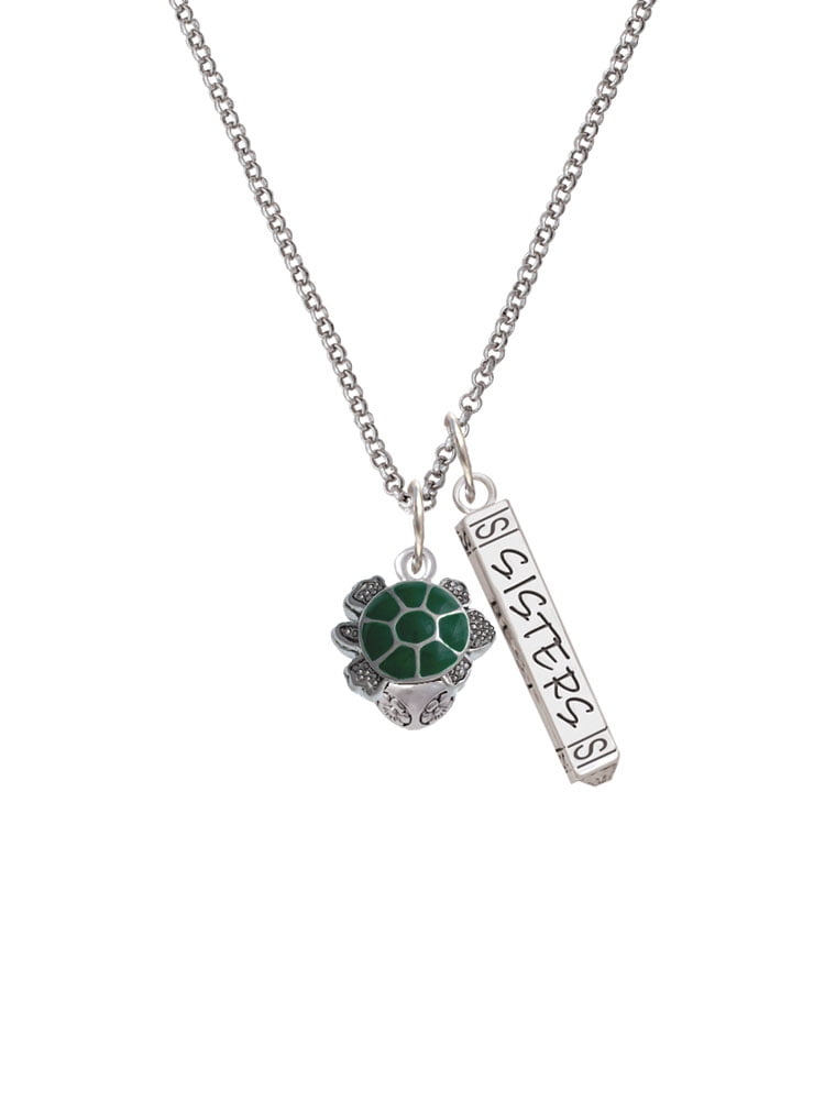 Delight Jewelry Silvertone Green Enamel 2-D Turtle Spinner Silvertone Sisters Best Friends Forever Bar Charm Necklace, 23"