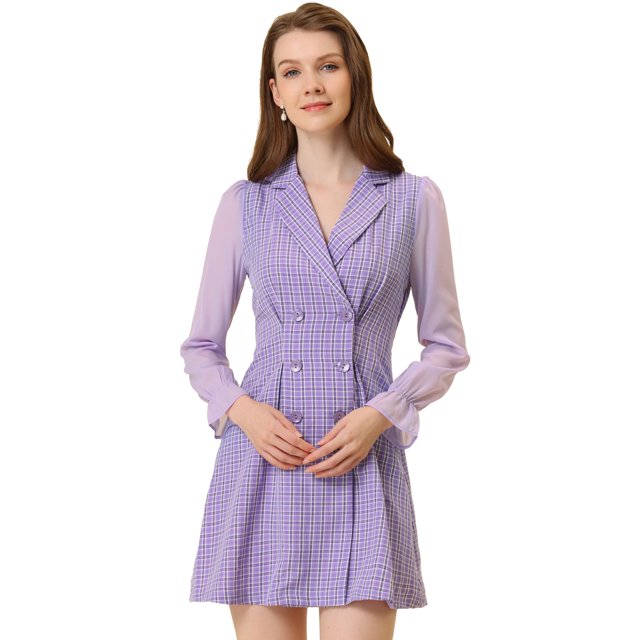 INSPIRE CHIC Robe Blazer à Carreaux pour Femme à Revers Cranté à Double Boutonnage Violet TP