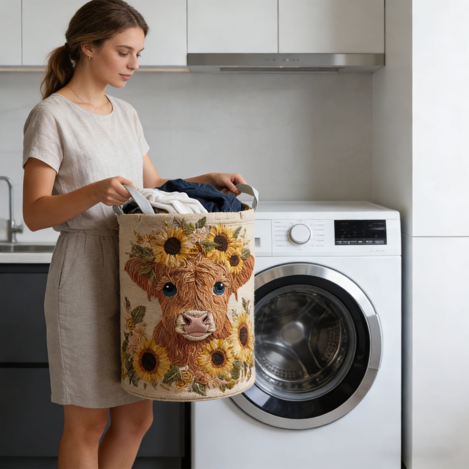 16x22 Inch 3D Quilted Round Laundry Hamper M Size, Heavy Duty Fabric Dirty Clothes Basket, Foldable High Capacity Storage Organizer Bin for Bathroom