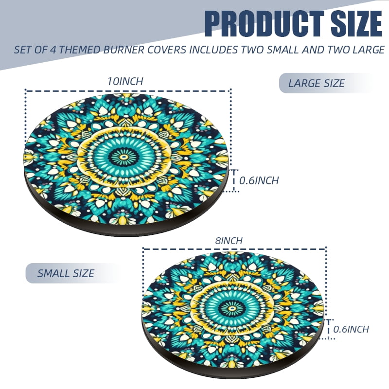 Round Burner Covers for Electric Stove, Teal Yellow Peacock Feather Mandala Print Metal Cooktop Kitchen Decor Set of 4, 8 Inches and 10 Inches