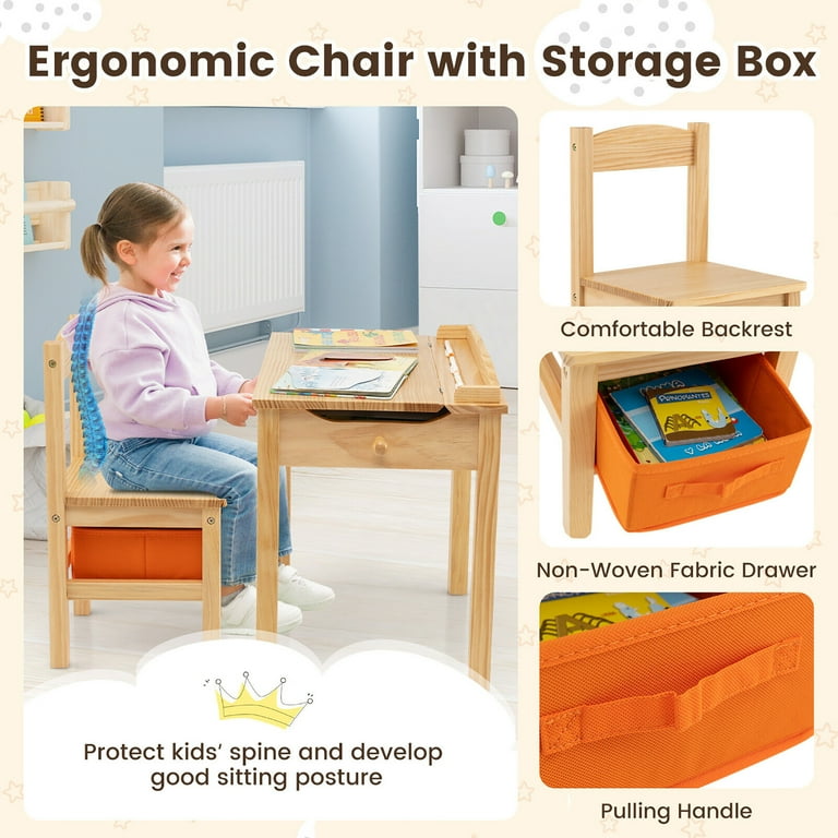 Gymax Kids Table and Chair Set Wood Activity Study Desk w/ Storage