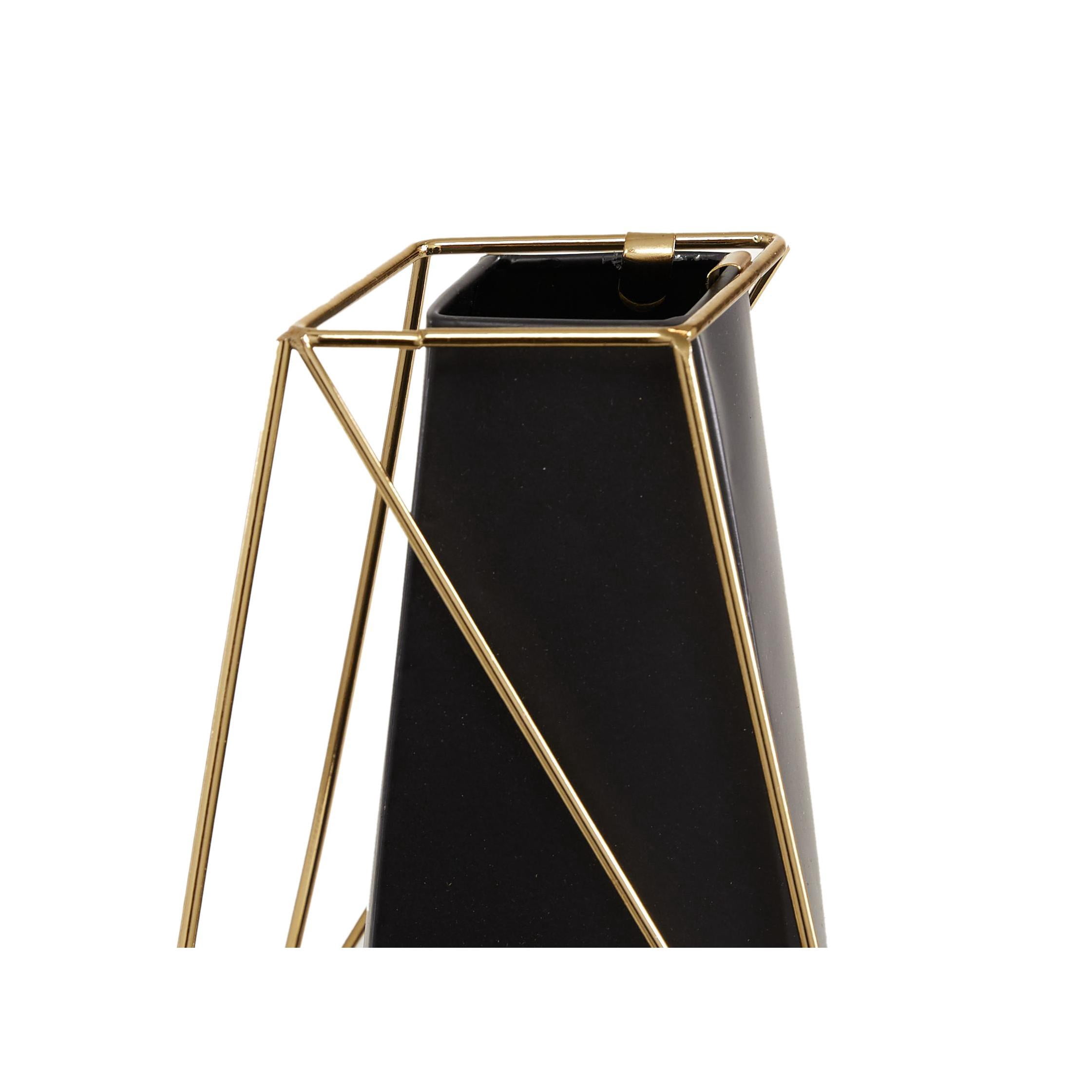 DecMode 11", 9"H Geometric Black Metal Vase with Gold Wire Accents, Set of 2