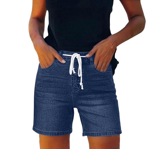 uublik Jean Shorts for Women High Waisted Drawstring Pull On Elastic Waist Stretchy Denim Shorts Wide Leg Jorts Blue