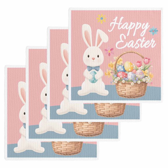 Happy Easter Kitchen Dish Towels for Drying Dishes Set of 4, Cute Bunny Colorful Eggs Spring Flowers Pink Blue Waffle Weave Microfiber Hand Tea Bathroom Towels Quick Dry & Absorbent Towel 12x12