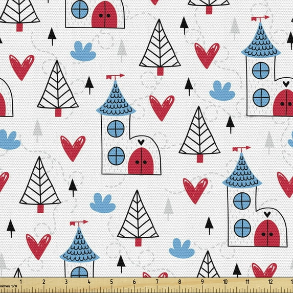 Cartoon Upholstery Fabric by the Yard, Repetitive Pattern of Castles Hearts Trees Leaves Wonderland, Decorative Fabric for DIY and Home Accents, Sky Blue White and Red by Ambesonne