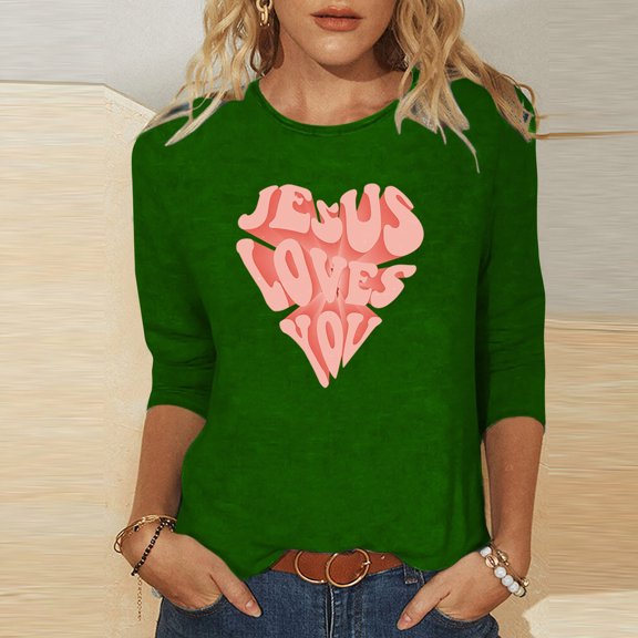 HOMBOM 3/4 Sleeve Spring Womens Easter Shirts Green Casual Tops JESUS LOVES YOU Round Neck Trendy Tops For Women Clearance L