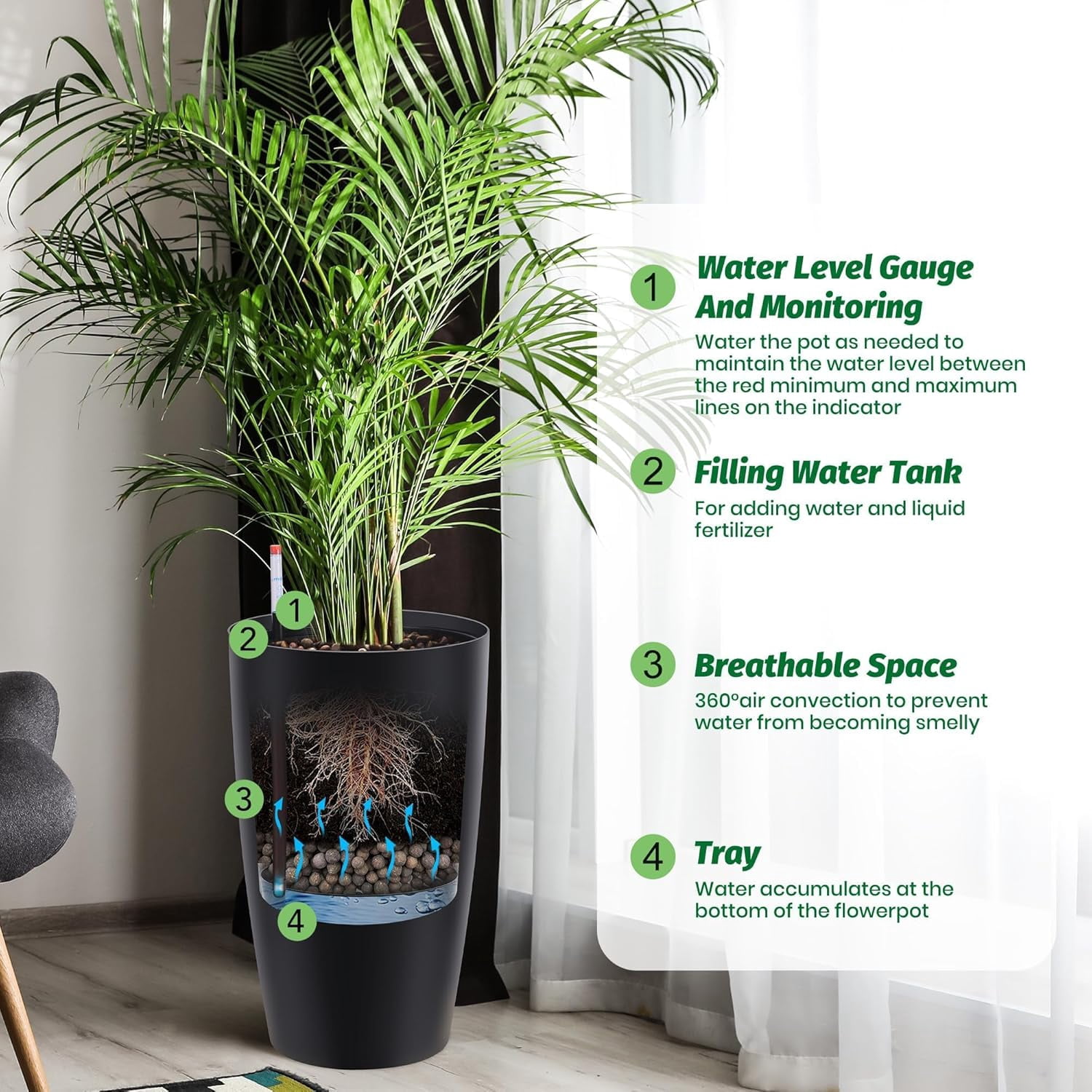Goldensoil 2 Pack 21.5" Tall Round Planter Pots, with Water Level Monitor ＆ Inner Bucket, Black
