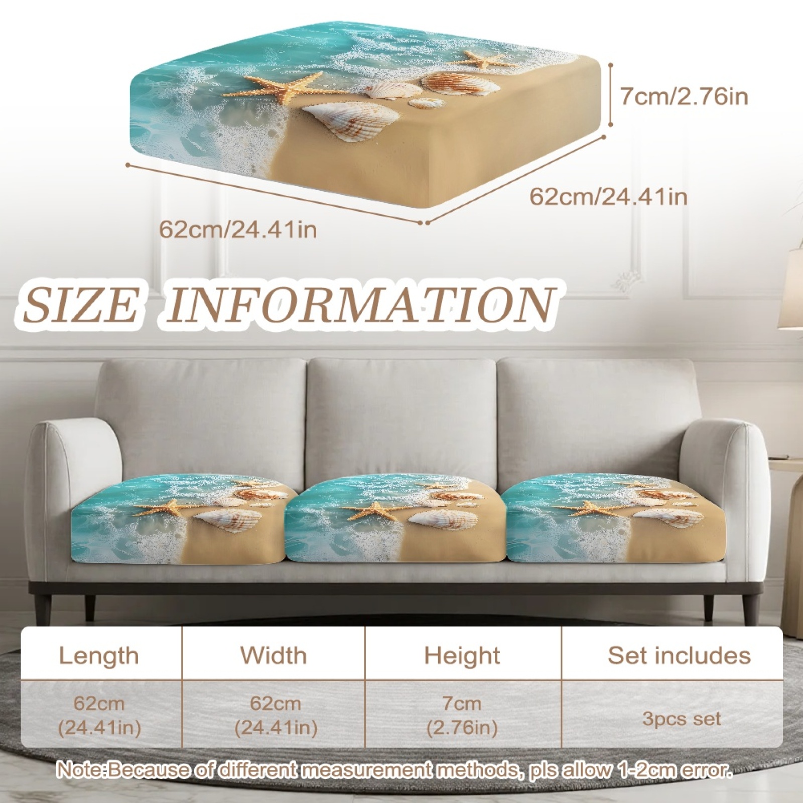 Xoenoiee Beach Starfish Seashell Print 3-Piece Stretch Couch Covers Stretch Sofa Cushion Slipcovers Washable Furniture Protector with Non-Slip Elastic Bottom for Living Room