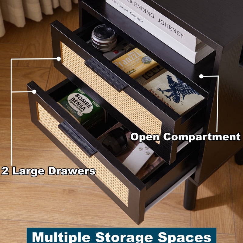 Set of 2 Nightstand with Rattan Drawers, Bedroom Bedside Table with Open Storage Space, Living Room Side End Table