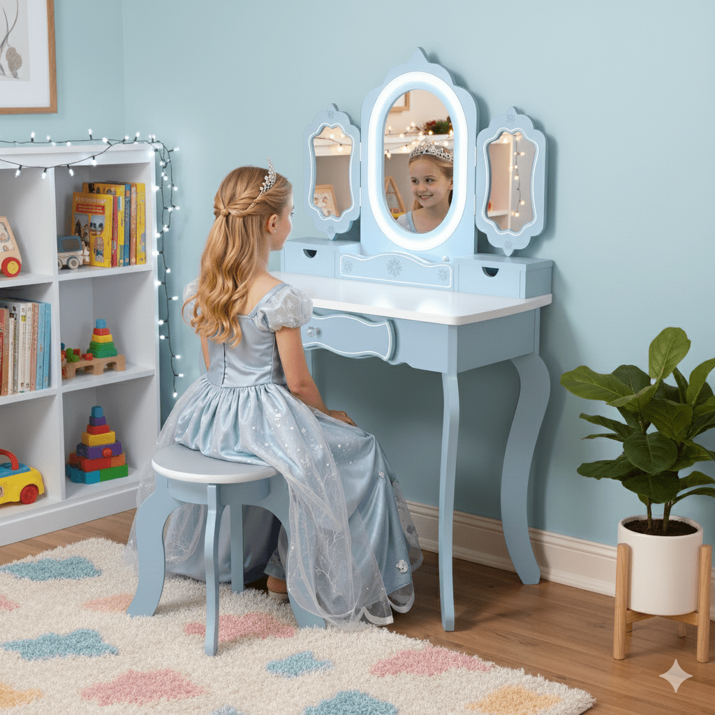 BRINJOY Kids Vanity Set with 2-in-1 Wooden Makeup Table and Stool Table Set, Blue