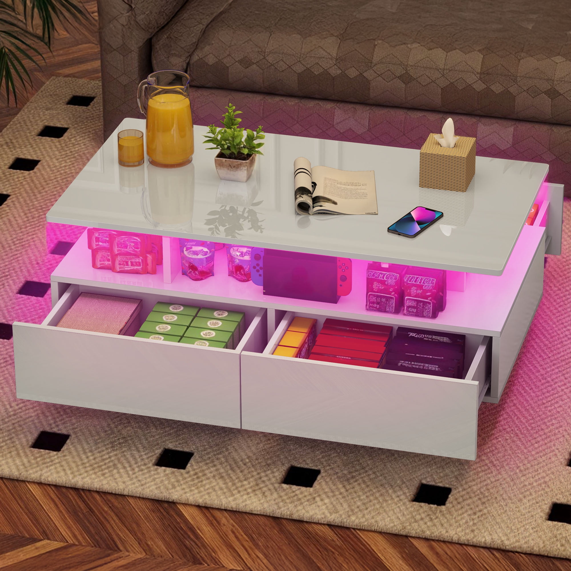 Uforic Modern LED Coffee Table, Center Tables with Storage for Living Room, White