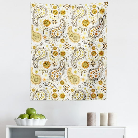 Paisley Tapestry, Floral Pattern with Sunflowers and Paisley Vintage Boho, Fabric Wall Hanging Decor for Bedroom Living Room Dorm, 5 Sizes, Orange Yellow White, by Ambesonne