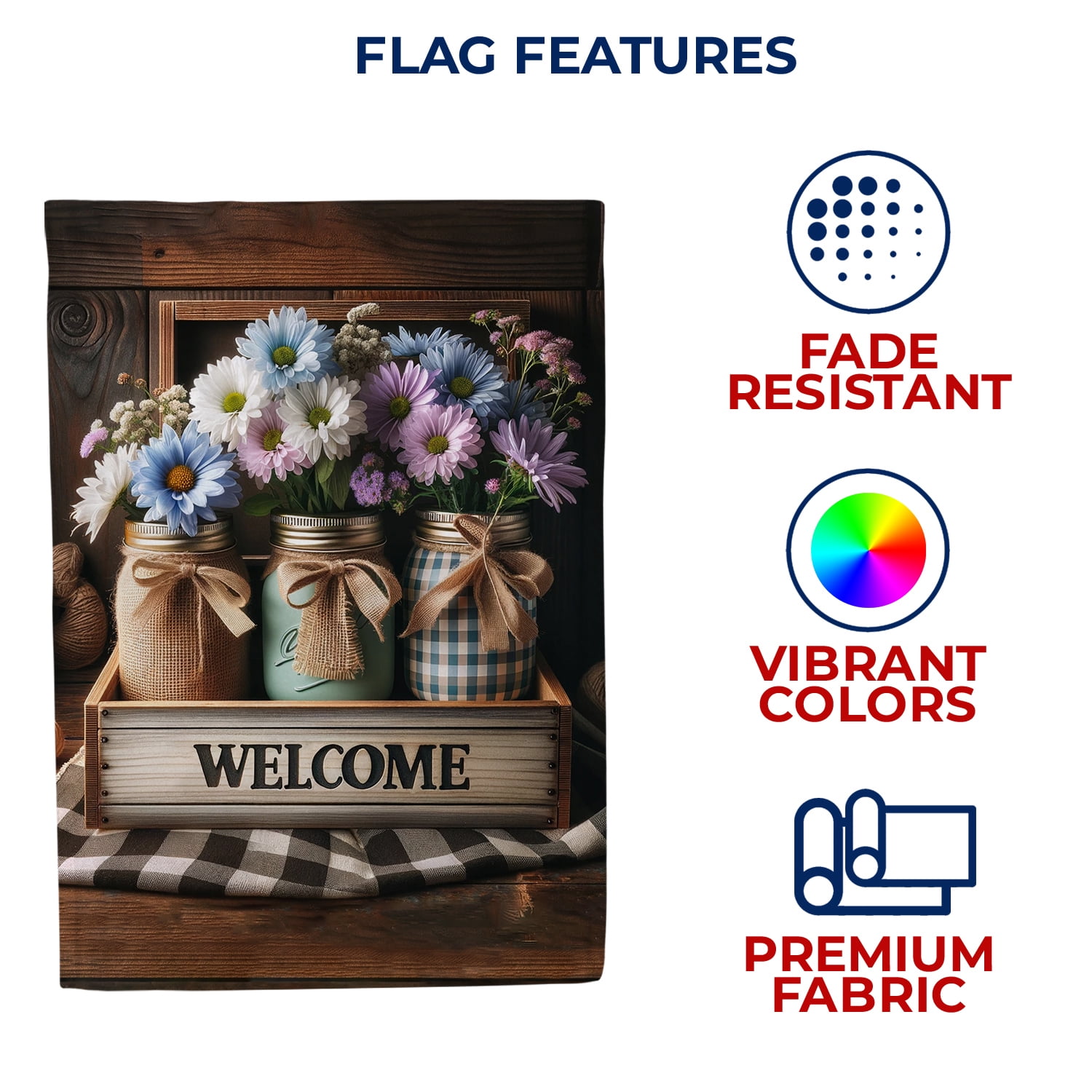 America Forever Welcome Spring Floral Mason Jar House Flag, 28x40 inch Double Sided, Daisy Flower Spring Yard Decoration, Seasonal Holiday Decorations for Outside