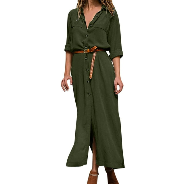 WTXUE Robes Maxi, Manches Longues Fendues Évasées à Col en V, Robe Chemise Longue Décontractée pour Femmes à Boutons, Col à Revers, Élégante Décontractée, Longue avec Ceinture, Robe Unie, Vestidos Maxi Femmes, Vert Taille TTG (US:10)