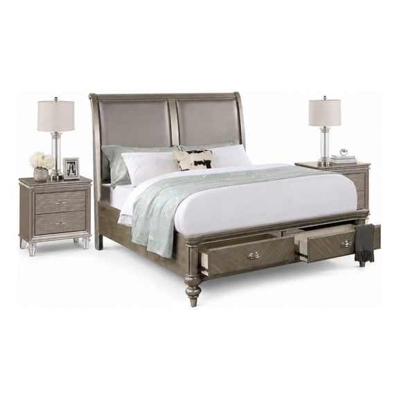 Queen Bedroom Set- Gold Wood- 3 Piece Set with 2 Nightstands