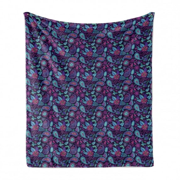 Leaf Print Soft Flannel Fleece Blanket, Composition of Paisley and Flowers Oriental Arrangement Persian Teardrop Motifs, Cozy Plush for Indoor and Outdoor Use, 50" x 60", Multicolor, by Ambesonne