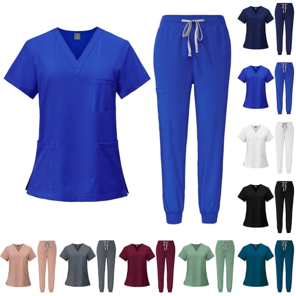 Scrubs Set for Women Nurse Uniform Jogger Suit Stretch V-Neck Short Sleeve Top & Multi Pocket Cargo Pants for Nurse Esthetician Workwear, #02 Royal Blue, XL