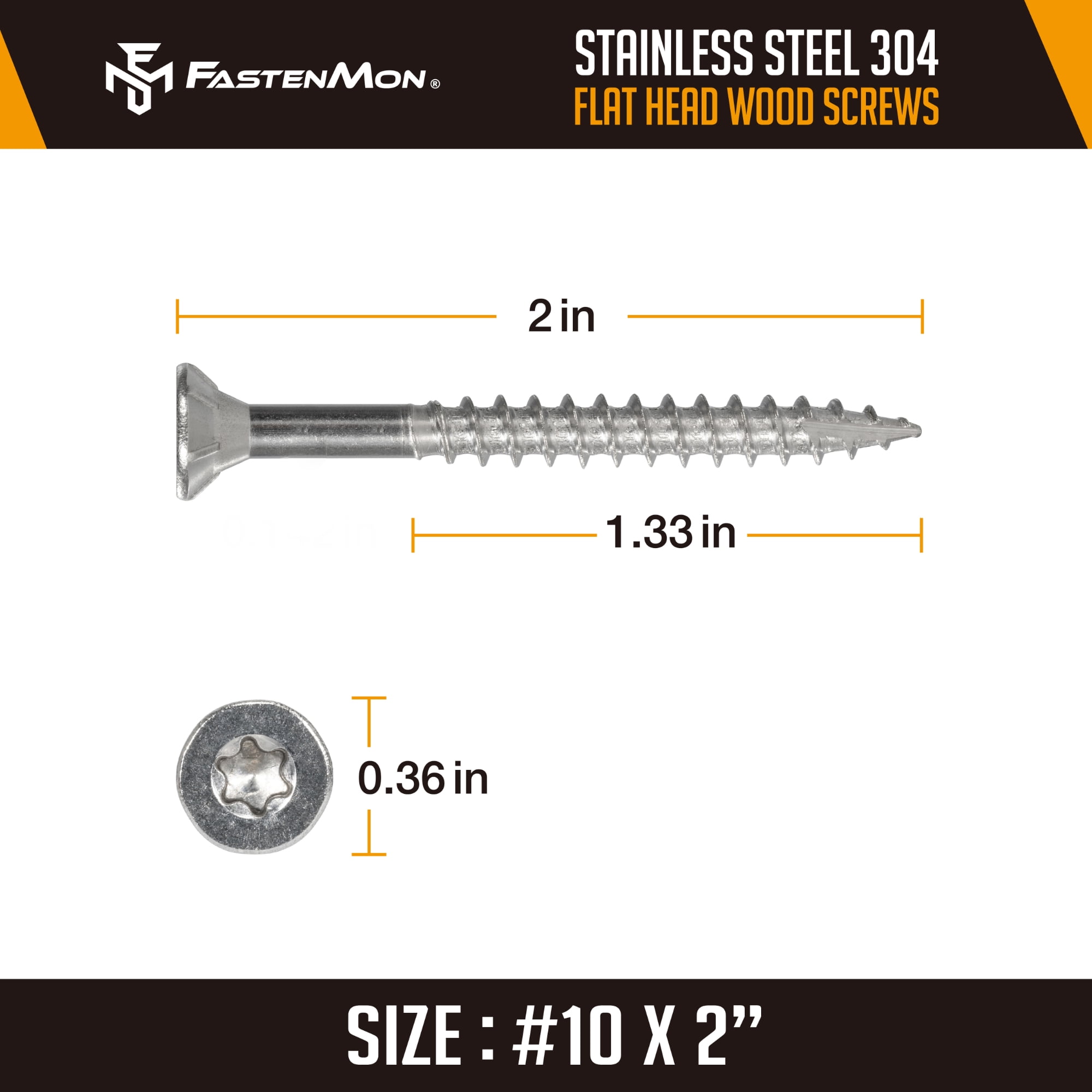 FM FASTENMON #10 x 2 inch 304 Stainless Steel Deck Screws, T25 Star Drive, 100 pack