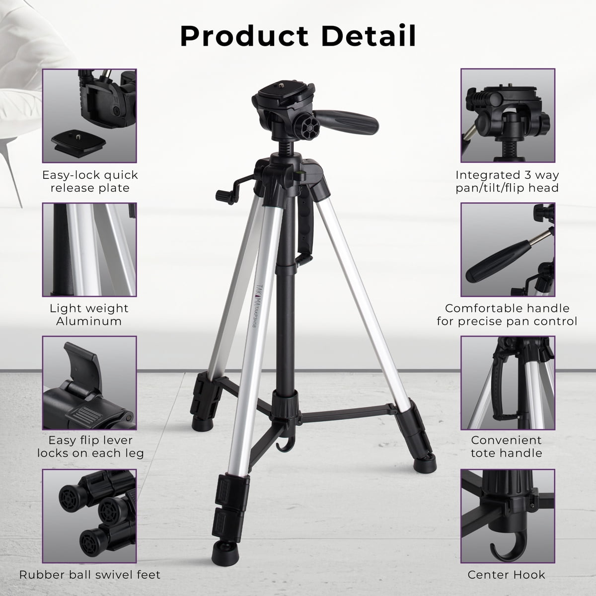 Takama Aluminum 3-Section Tripod with 3-Way Head, 58" Max Height