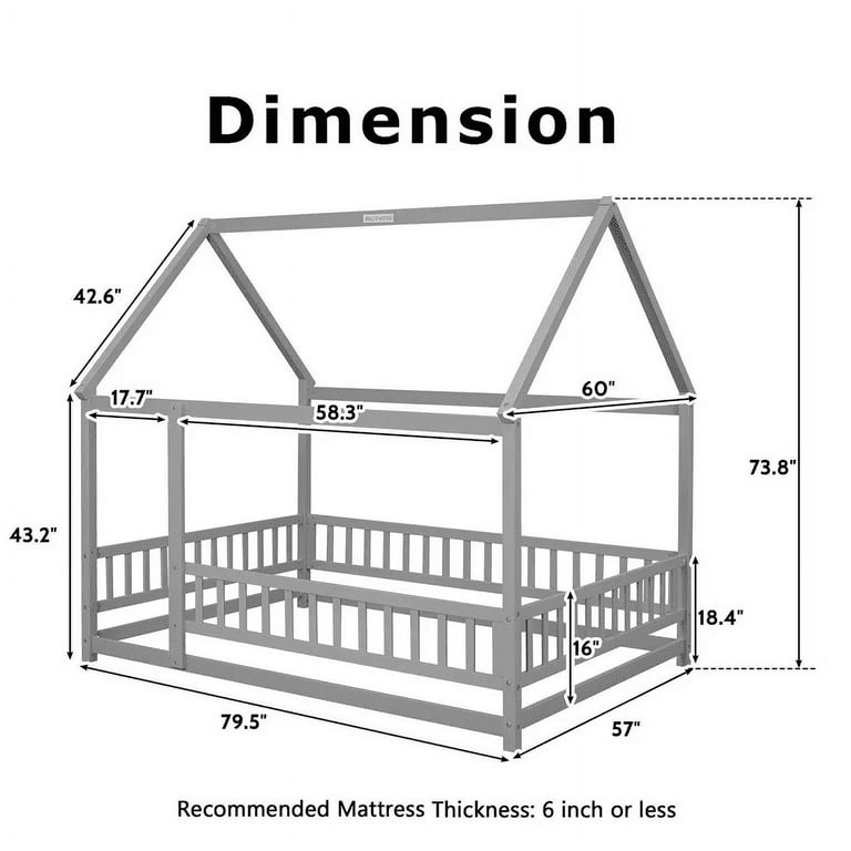 Twin Size House Floor Bed Wood Montessori Bed Frame with Fence Guardrails House Beds for Toddler Kids Girls BoysTwin Gray