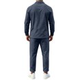 thumbnail image 3 of Delconic Mens Casual Cotton Linen Two Piece Set Long Sleeve Collared Pullover Top and Drawstring Straight Leg Pants Outfit Navy S, 3 of 6