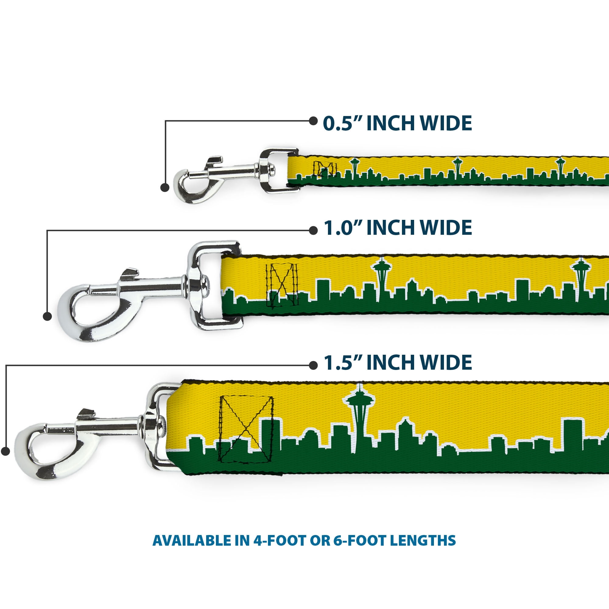 Buckle-Down Pet Leash, Dog Leash, Seattle Skyline Yellow Emerald Green, 6 Feet Long 1.0 Inch Wide