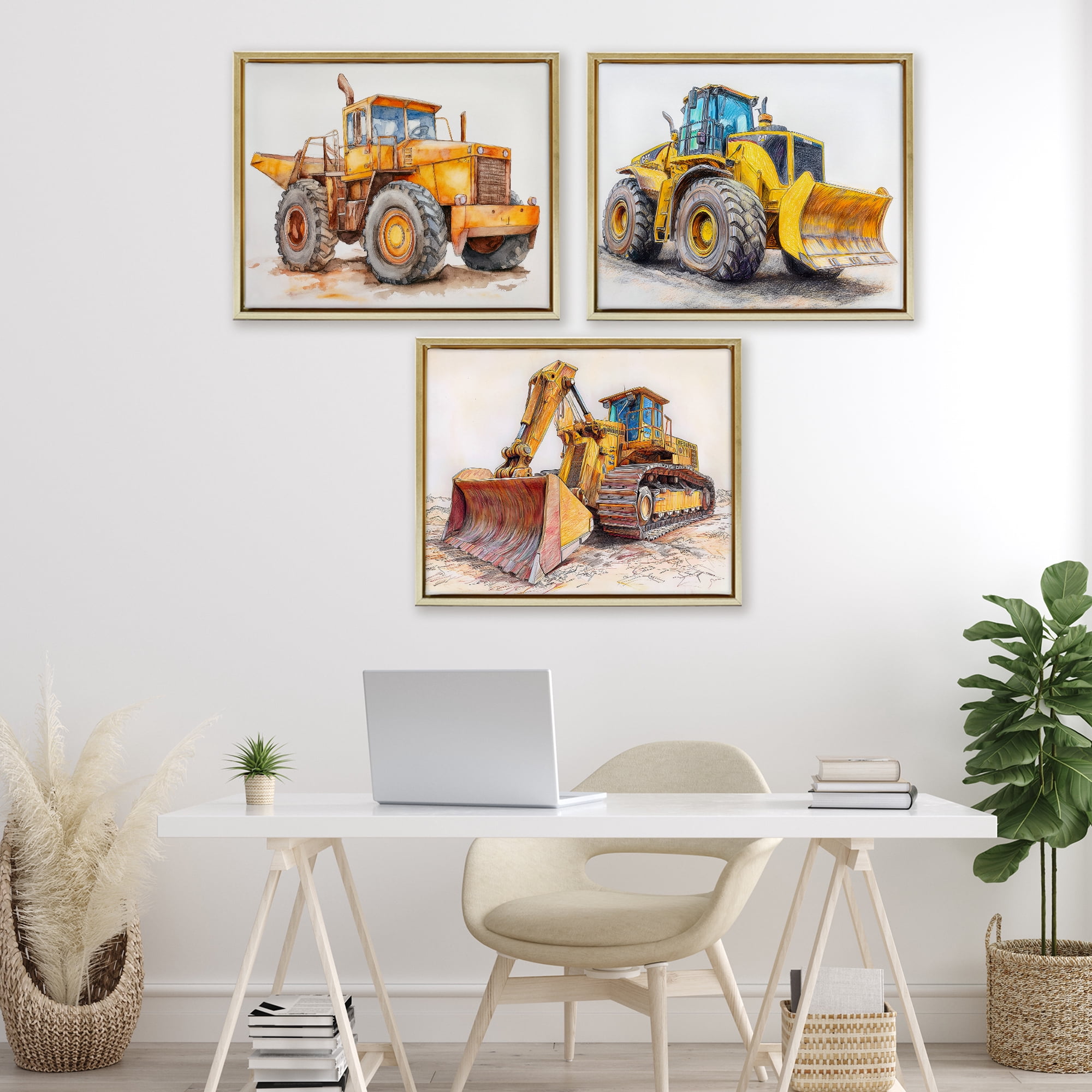 Stupell Industries Various Construction Trio 3 Piece Gold Framed Floater Canvas Set, design by Steve Hunziker