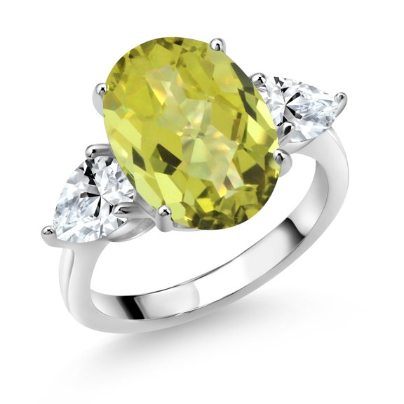 Gem Stone King 925 Sterling Silver Yellow Lemon Quartz and White Created Sapphire Ring for Women (7.75 Cttw, 14X10MM Oval Checkerboard and 7X5MM Pear Shape, Gemstone, Size 5)