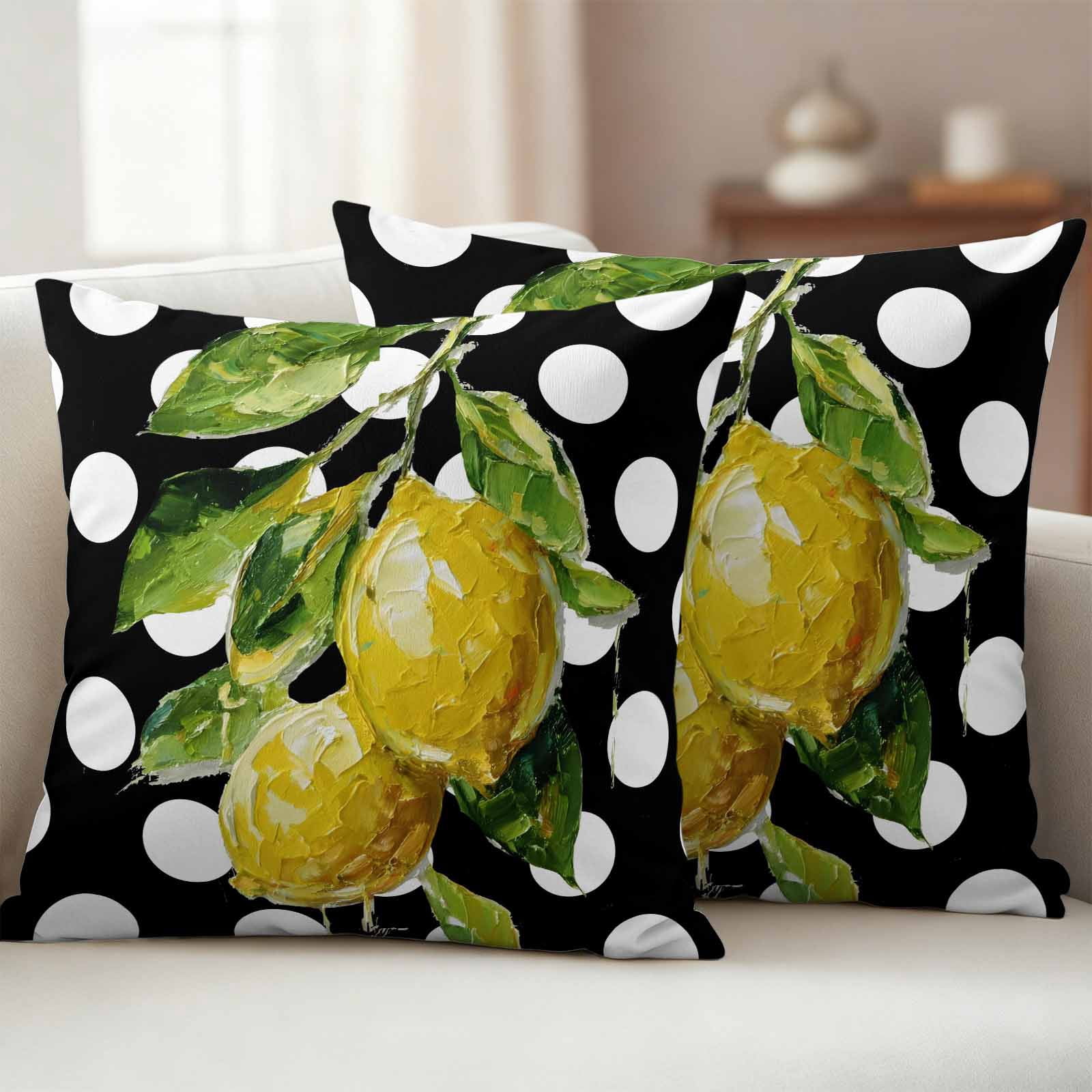 Outdoor Pillow Covers Farmhouse Yellow Lemon Green Leaf Waterproof Pillow Cases 16x16 Set of 2, Black White Polka Dot Throw Pillow Cover Pillowcase for Patio Balcony Couch Garden