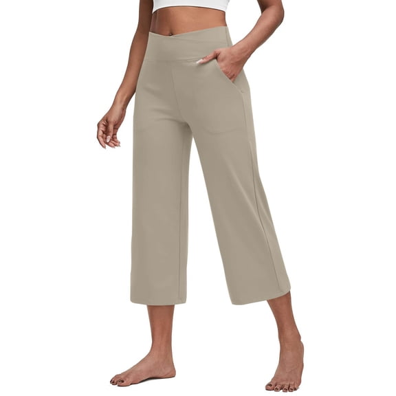 MLQIDK Yoga Capri Pants for Women Dressy Casual Yoga Leggings Knee Length High Waisted Light Weight Pants Trendy Summer Pedal Pushers with Pockets Beige M