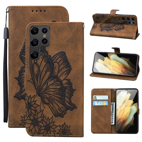 Feishell Wallet Case For Samsung S23 Ultra, Magnetic Folio Card Slots Holder Kickstand Premium PU Leather Butterfly Patterned Embossed with Wrist Strap Cover For Samsung Galaxy S23 Ultra, Brown