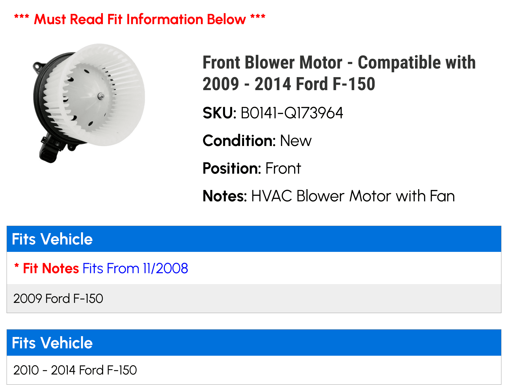 Front Blower Motor - Compatible with 2009 - 2014 Ford F-150 - Replacement