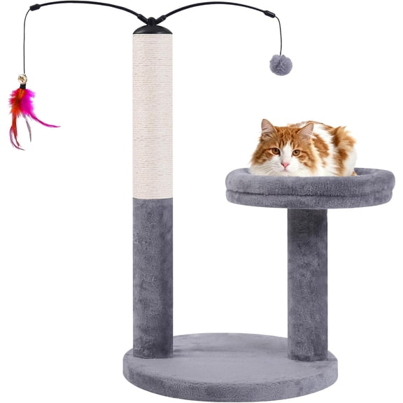 24" Scratching Post, Interactive Cat Scratcher, with Perch & Plush Toy, Sturdy Weighted Base, Grey