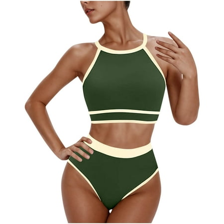 Lopeceal Women s High Waisted Bikini Sets Two Piece Swimsuits for Women Sporty Color Block Cheeky High Cut Bathing Suits