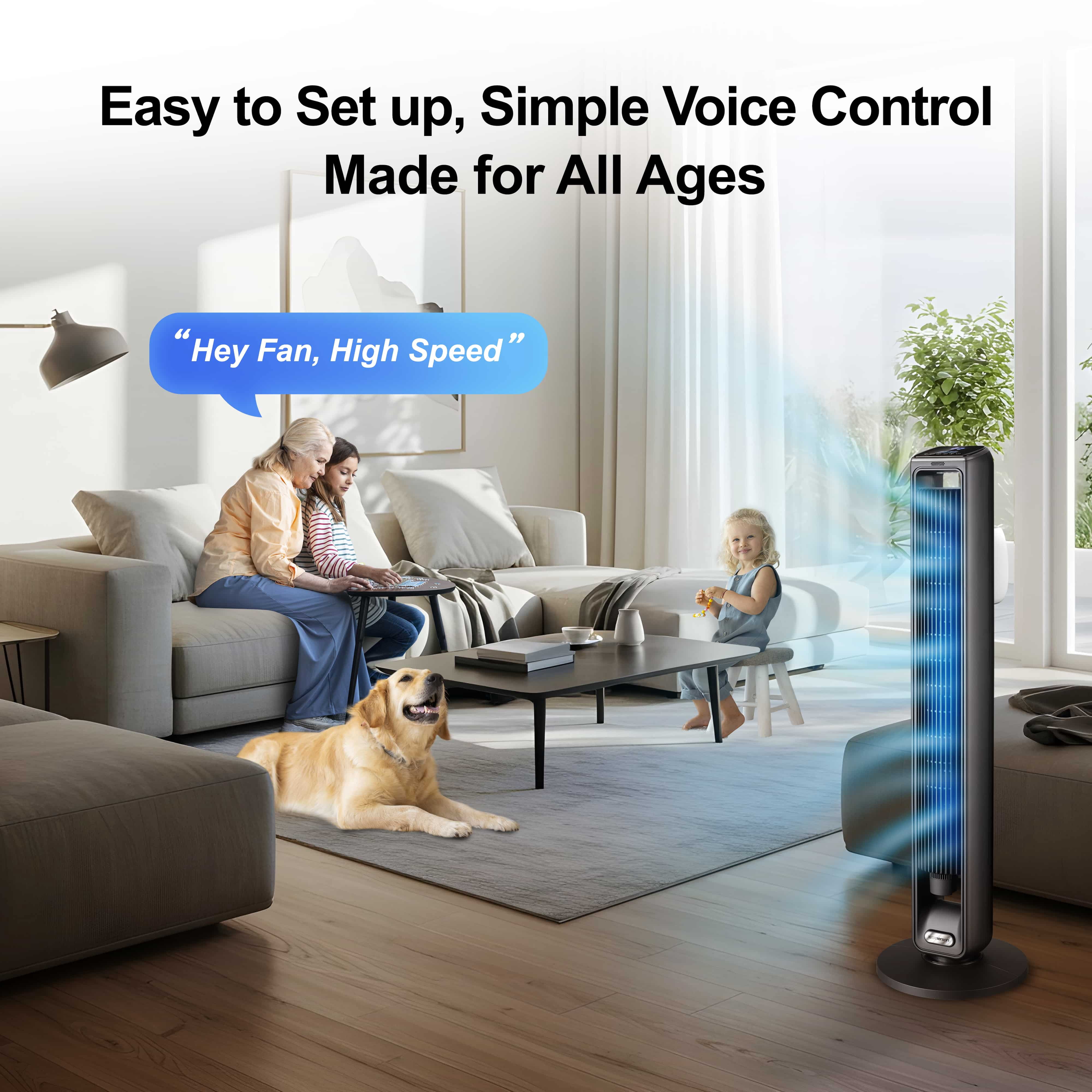 Emerson SmartVoice 42" Bladeless Tower Fan – 3-Speed Oscillating Fan with Offline Voice Control, 15-Hour Timer, Sleep Mode, Aroma Diffuser, Remote
