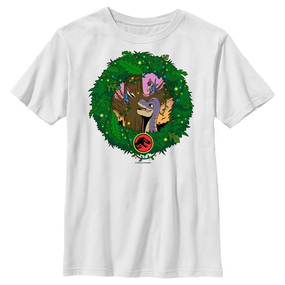 Boy's Jurassic World Dinosaur Christmas Wreath Graphic Tee White Small