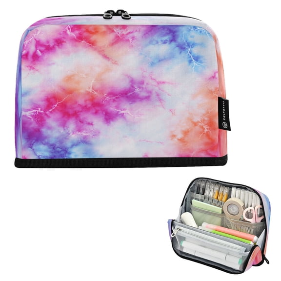 Standing Pencil Case with Base Large Capacity Stationery Pouch Pen Bag with Zipper for Women Men Pink and Blue Tie-dye Pattern
