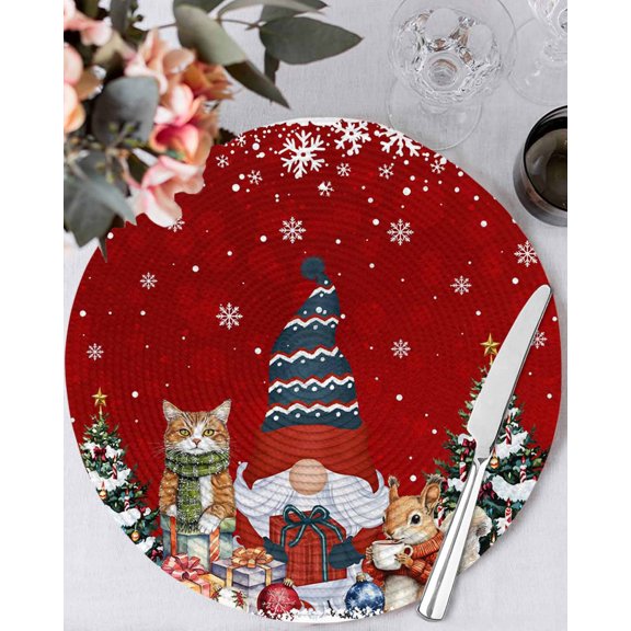 13 Inch Round Placemats Set of 6, Red Christmas Non Slip Heat Insulation PP Table Mats, Xmas Gnomes Cat Pine Tree Winter Snowflake Washable Place Mats for Kitchen Dining Party Table Decor