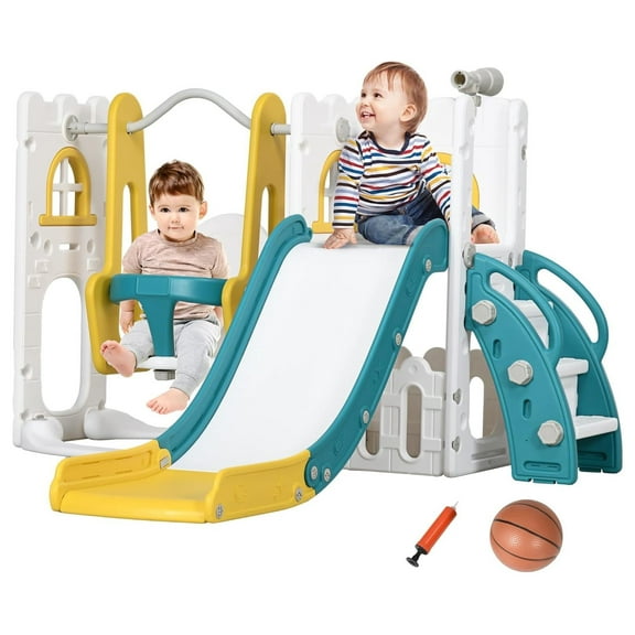 6 in 1 Toddler Slide and Set, Toddler for Ages 1-3 Years with Basketball Hoop, Climber, Storage Space, Telescope, Indoor/Outdoor Playset, Yellow