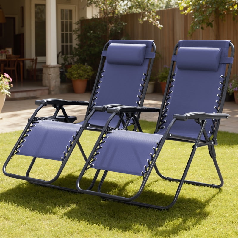 Lacoo 2 Zero Gravity Chair Patio Outdoor Foldable Lawn Lounge Chair Reclining Chair with Adjustable Pillow for Graden, Patio,Beach , Blue